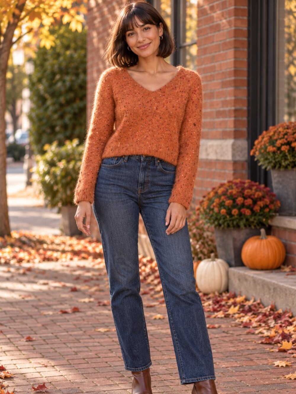 Orange Fuzzy Confetti Cropped V-Neck Sweater S